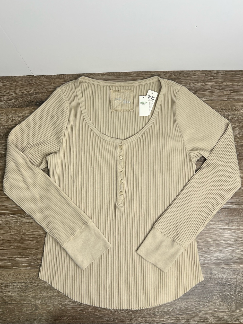 Aerie Ribbed Henley Long Sleeve Top NWT Beige XL